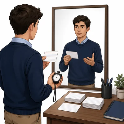 A student practices a presentation with note cards and a stopwatch.