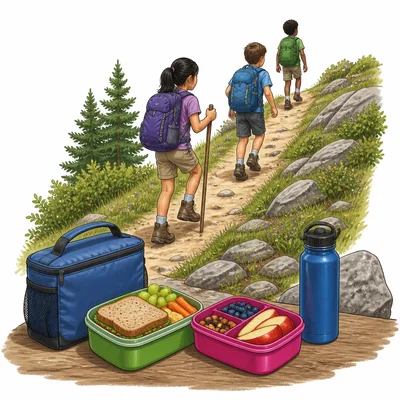 Packed lunches sit near a hiking trail as children start walking uphill.