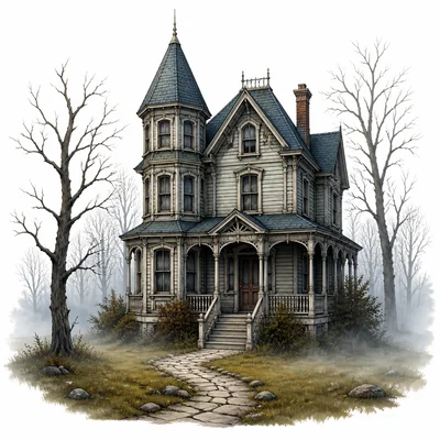 A mysterious old house stands in a misty yard with bare trees.