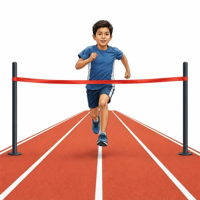 A child runs on a track toward a finish line during a race.