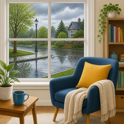 A rainy afternoon seen through a window with puddles outside and a cozy indoor corner.