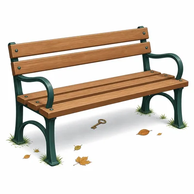 A small key lies under a park bench in a park.