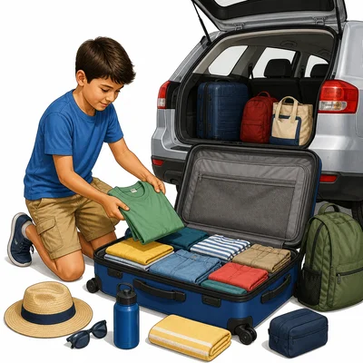 A child packs for a family trip beside an open suitcase and car.