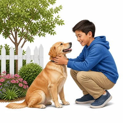 A child happily finds a lost pet in a yard.