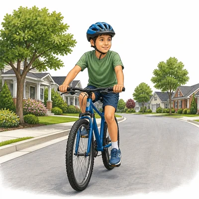 A boy rides his bicycle down a neighborhood street.