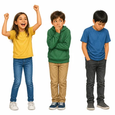 Three children show excitement, nervousness, and disappointment through expressions and posture.