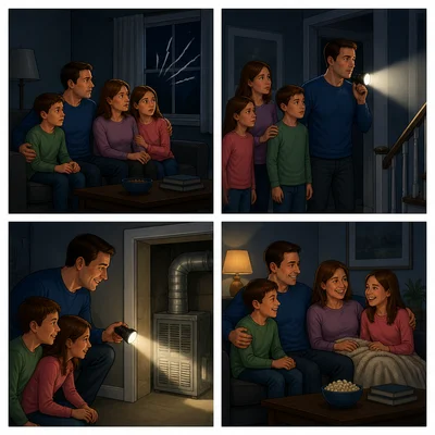 A four-panel sequence shows a dark room, a strange noise, a flashlight, and family relief.