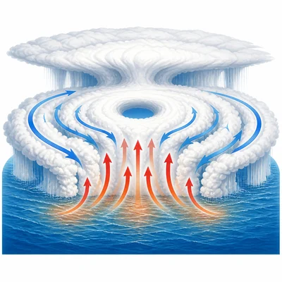 A simple diagram shows warm ocean air rising and swirling into a hurricane.