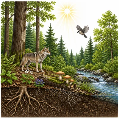 A forest ecosystem with trees, animals, mushrooms, soil, water, and sunlight.
