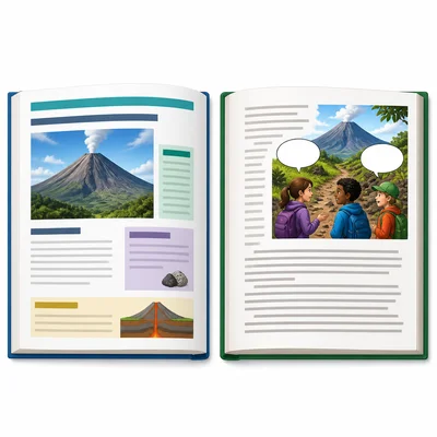 Two open books showing a nonfiction-style layout and a fiction story layout about a volcano.