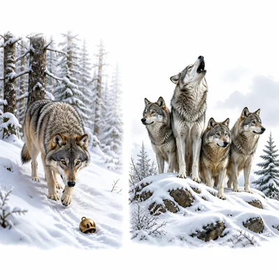 A wolf in a snowy forest is shown beside a wolf pack howling together.
