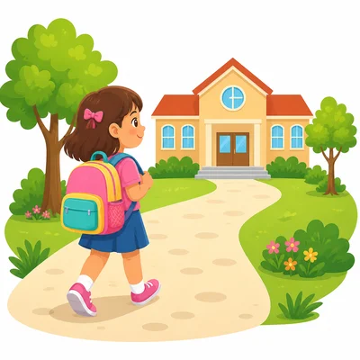 A girl carrying a backpack toward a school.