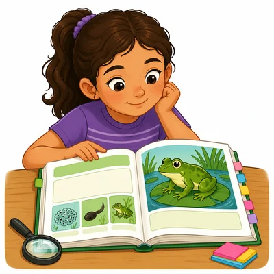 A student uses a nonfiction book with frog pictures and text features.
