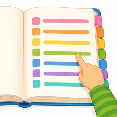 A child points to rows on a table of contents page.