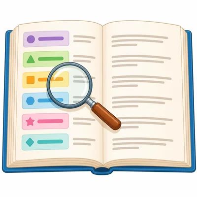A glossary page with list entries and a magnifying glass.