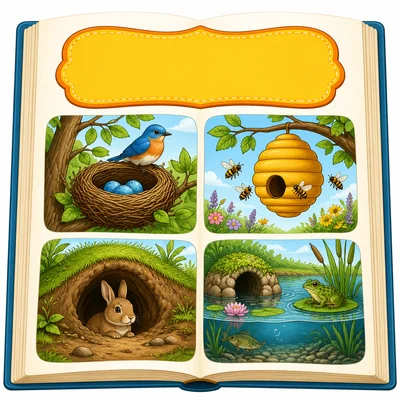 A book page with a heading area above pictures of animal homes.