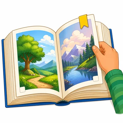 A child finds a page in an open book using a page marker.