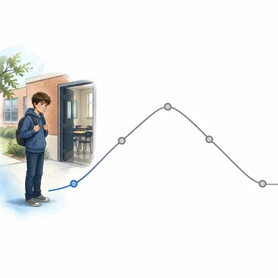 A plot arc with the beginning section highlighted beside a shy student at a school.