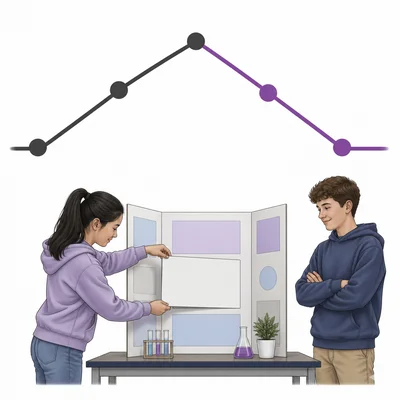 A plot arc with the falling section highlighted beside students setting up a science project.