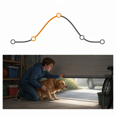 A plot arc with the rising section highlighted next to a student hiding a dog in a garage.