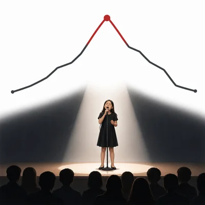 A plot arc with the peak highlighted above a student singing alone on stage.