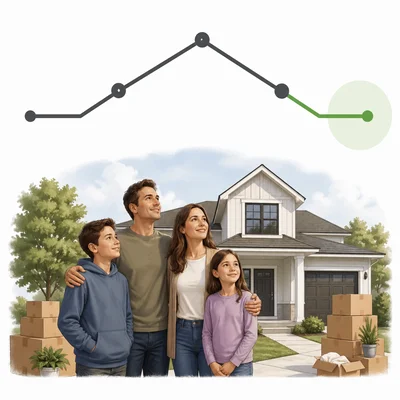 A plot arc with the ending section highlighted beside a family at a new home.