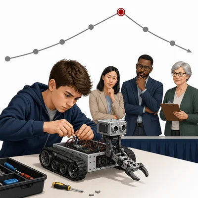 A student repairs a robot at a contest with the peak of a plot arc highlighted.