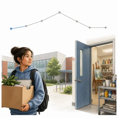 A new student near a school and art supplies with the beginning of a plot arc highlighted.