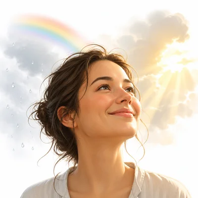 A smile shown with sunshine appearing after rain.