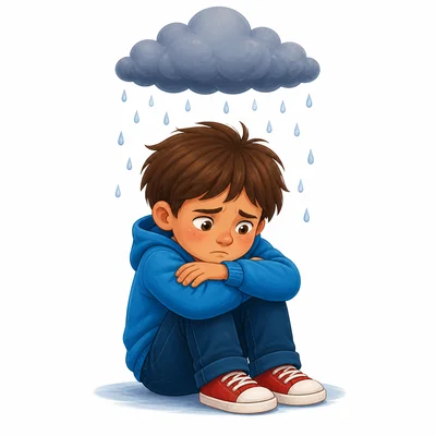 An unhappy child with a small rain cloud above them.