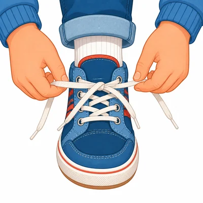 Hands untying a shoelace.
