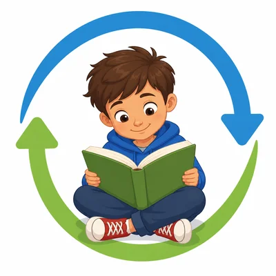 A child reading a book again with a circular arrow.