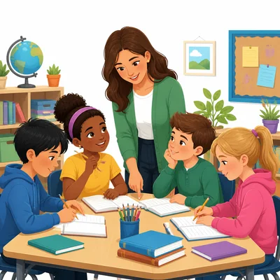 A teacher helping students in a classroom.