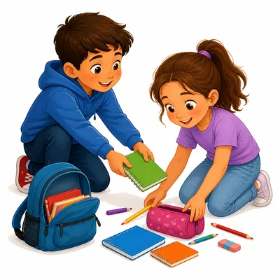 A child kindly helping another child pick up supplies.