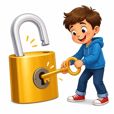 A child opens a padlock with a key.
