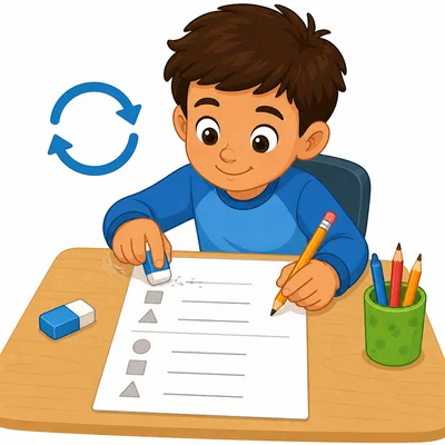 A child erases a mistake and does a worksheet problem again.