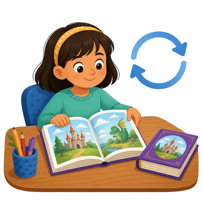 A child reads a book again with a circular arrow above it.