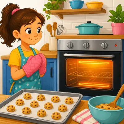 An oven warming up with cookie dough waiting to be baked.