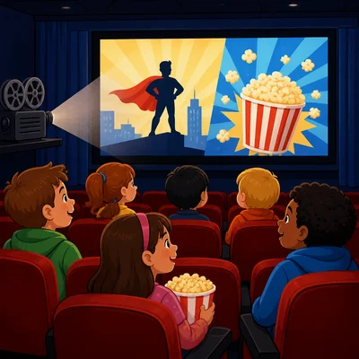 Children watch a short movie scene on a theater screen before the movie.