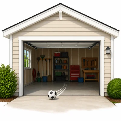 A ball rolling into an open garage.