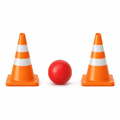 A ball between two traffic cones.