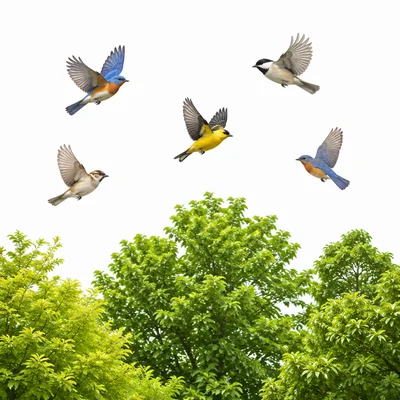Birds flying above a group of trees.