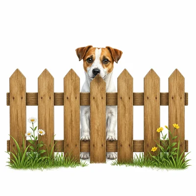 A dog behind a wooden fence.