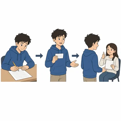 A three-step practice process shows revising, practicing with note cards, and presenting to a friend for feedback.