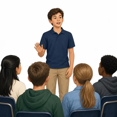 A student stands confidently and speaks to an attentive classroom audience.