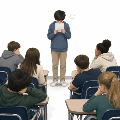 A speaker looks down at a paper and avoids eye contact with the audience.