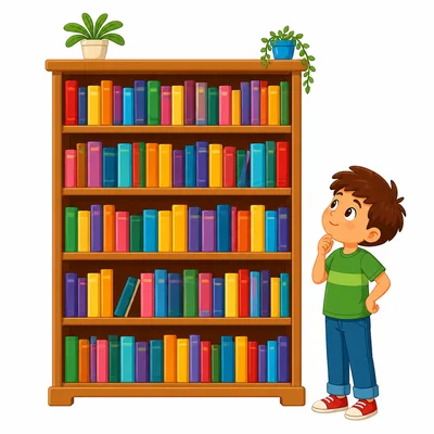 A child looks curiously at many books on a shelf.