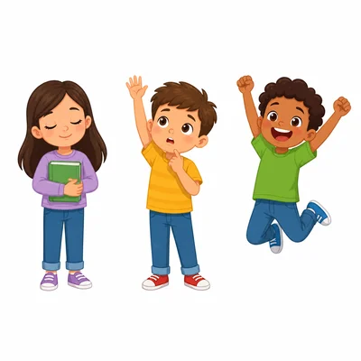 Three children show calm, curious, and excited moods.