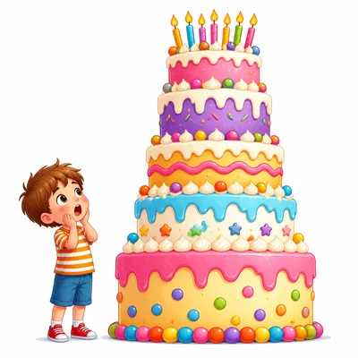 A surprised child stands beside a huge decorated cake.