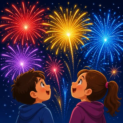 Children watching colorful fireworks with amazed expressions.